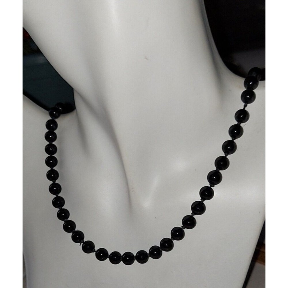 MONET Vintage Black Glass Bead Hand Knotted Gold Tone Clasp Necklace 25” Giftbag